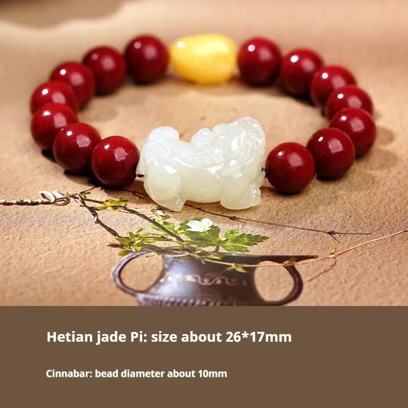 Hetian jade bracelet with black and red adjustable ropes in traditional Chinese design