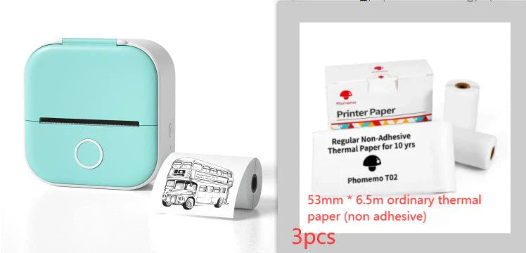 Compact Bluetooth-enabled thermal label printer in white, pink, and green colors with various label options