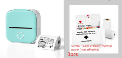Compact Bluetooth-enabled thermal label printer in white, pink, and green colors with various label options
