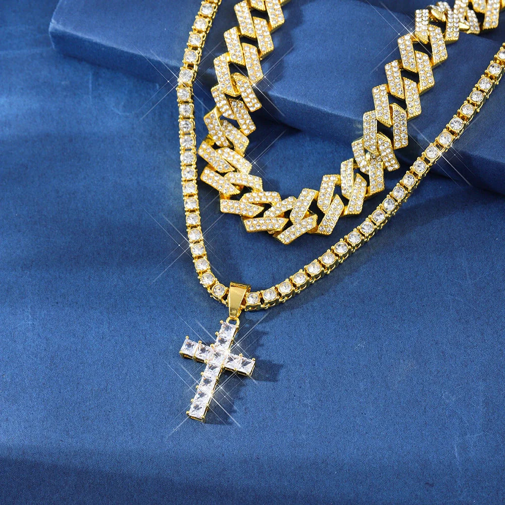 Zircon Cross Pendant Necklace with Cuban Chain in gold and silver options