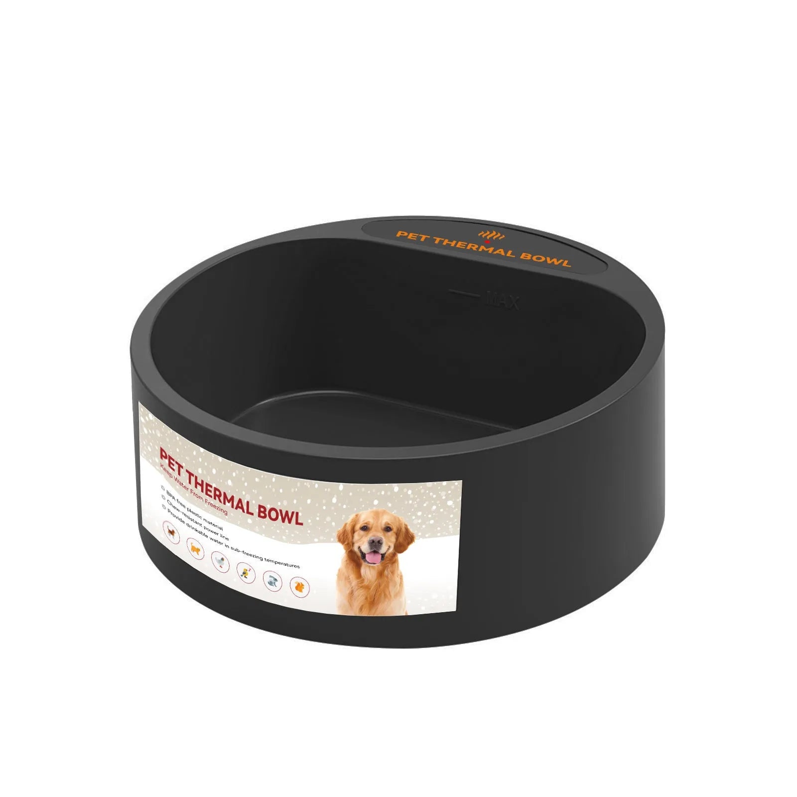 Black ABS plastic pet heating bowl with 2.2L capacity and 35W heating element