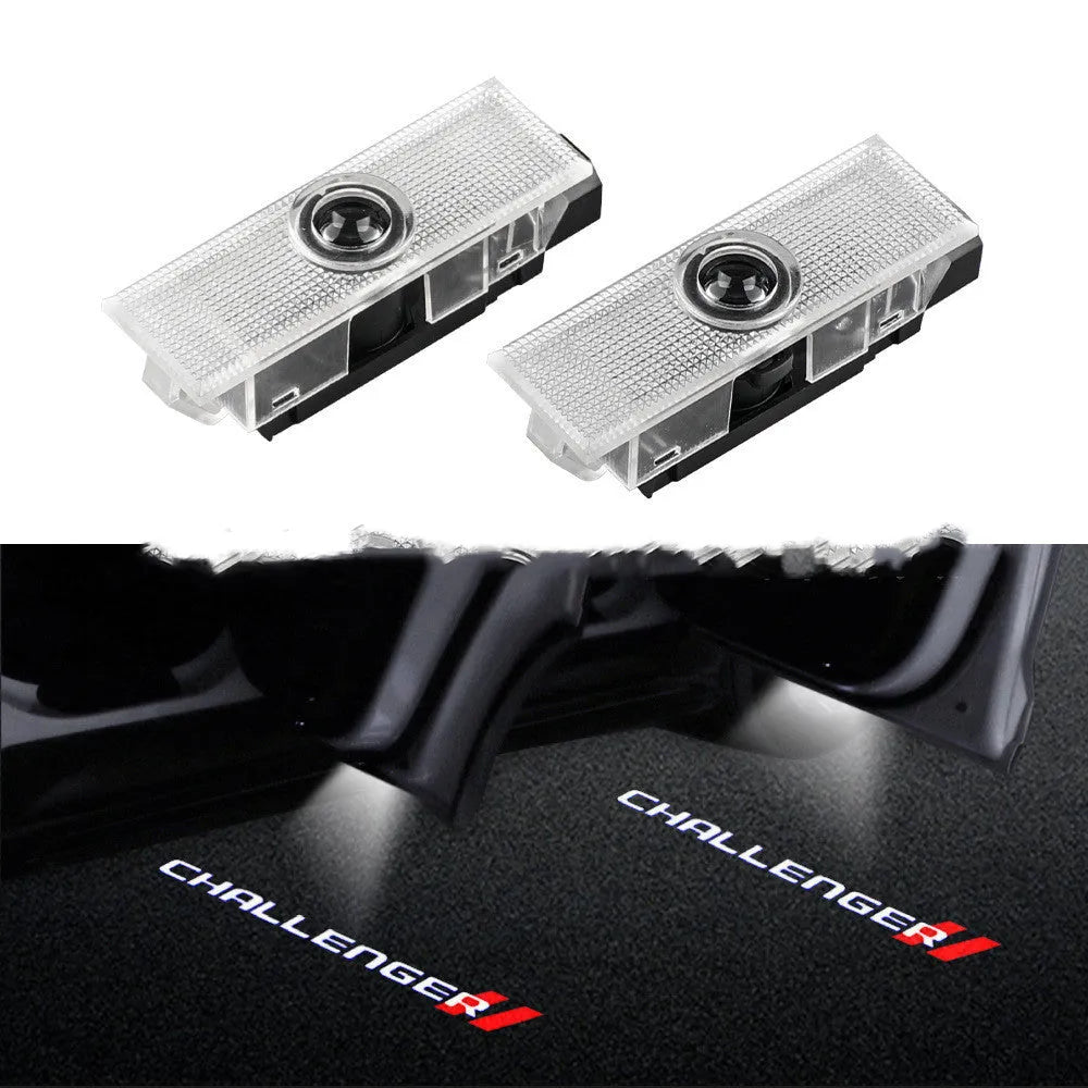 Dodge Challenger SRT LED door laser projection light in white, 12V car power, PC aluminium housing