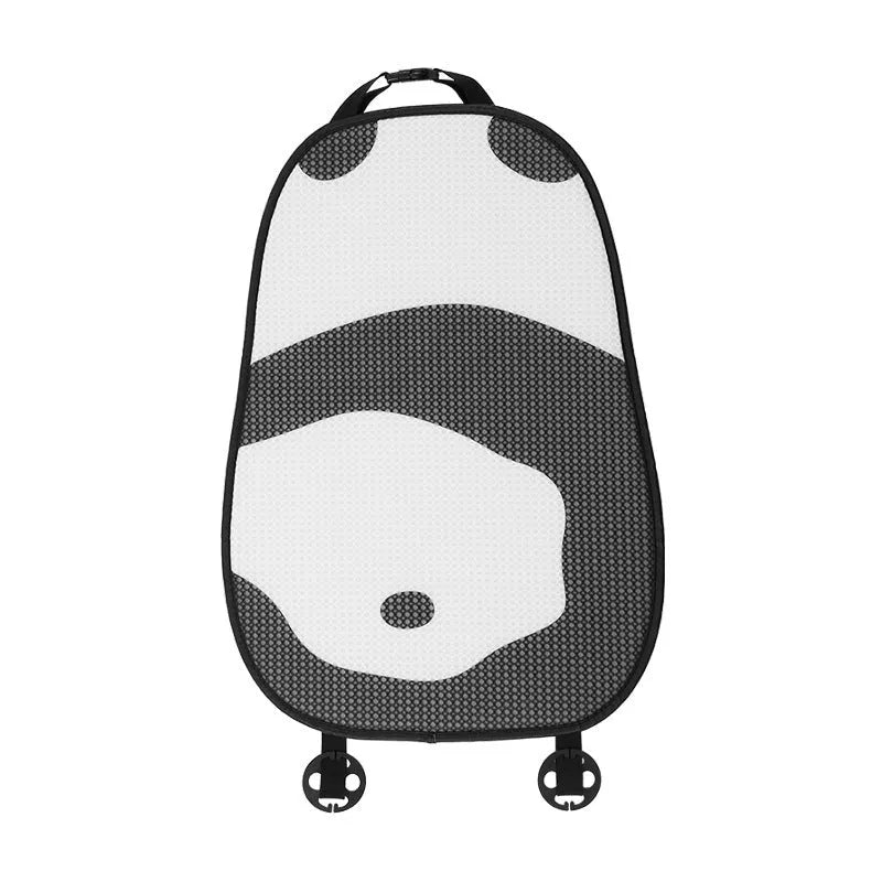 Cartoon panda design plush lumbar support cushion for car seats on a grey background.