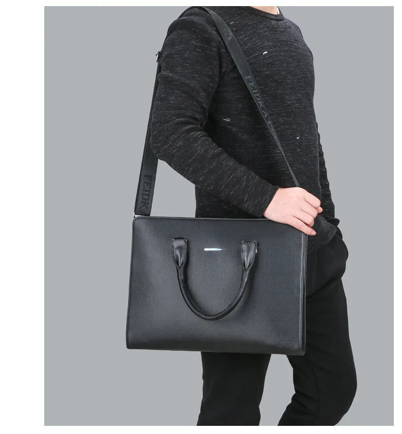 Men's one-shoulder PU leather business briefcase, large blue or black horizontal square zip handbag