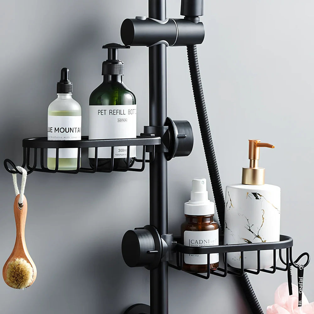 Elegant black aluminium shower storage rack, 12cm deep single shelf mounted on bathroom tile, holding shampoo bottles securely without drilling