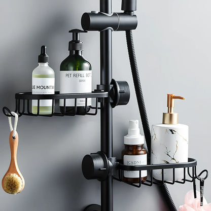 Elegant black aluminium shower storage rack, 12cm deep single shelf mounted on bathroom tile, holding shampoo bottles securely without drilling