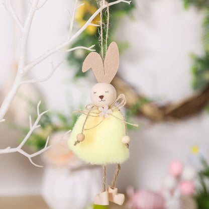 Cartoon rabbit cloth pendant Easter decoration hanging from a ribbon.