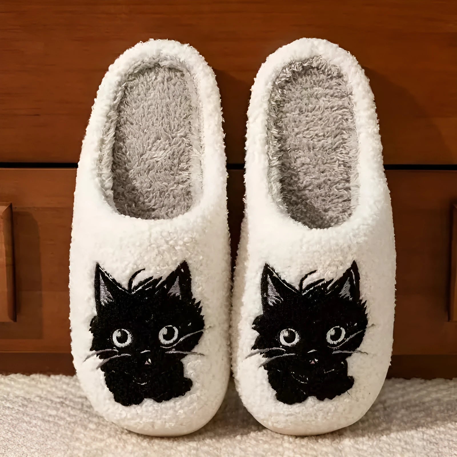 White plush Black Beard Cat cartoon couple slippers with a non-slip TPR sole.