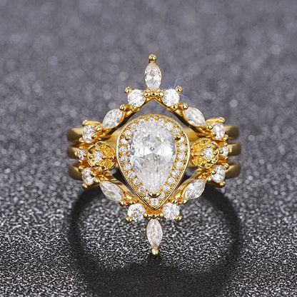 Women's copper ring with inlaid zircon, drop-shaped geometric design, yellow gold colour, sizes No 6 to No 10