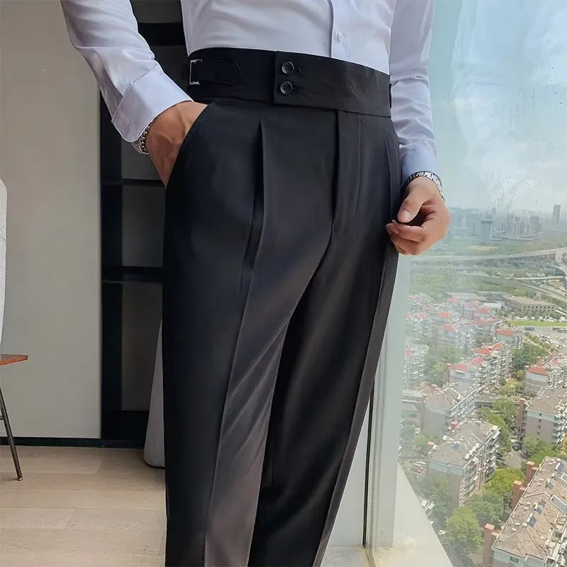 Retro high waist straight leg casual trousers in cotton blend fabric, shown in black, brown, grey or white.