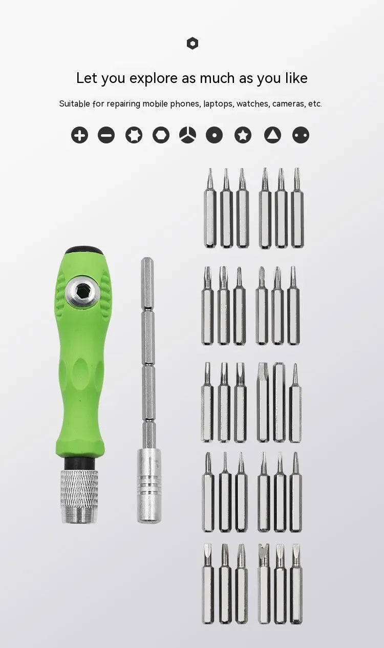 32-in-1 screwdriver set for mobile phone repair with precision bits for electronics disassembly