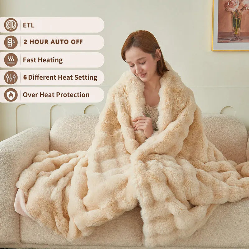 Dark grey far infrared electric heating blanket with carbon fibre elements on a double bed.
