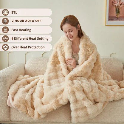 Dark grey far infrared electric heating blanket with carbon fibre elements on a double bed.