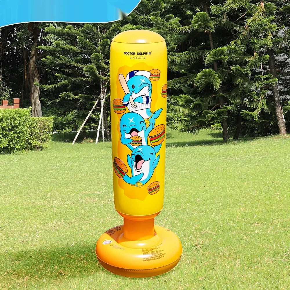 Yellow inflatable boxing column tumbler measuring 120x25cm for fitness training