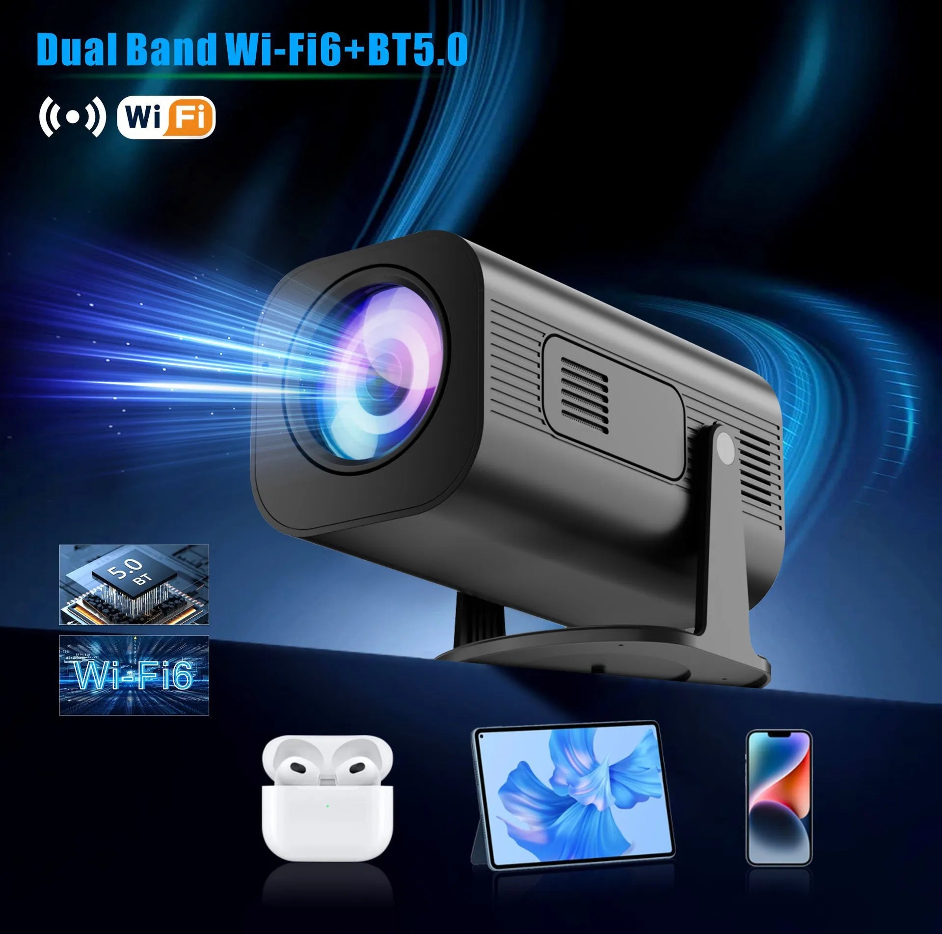 P330 portable mini projector in black or white with remote control on a table.