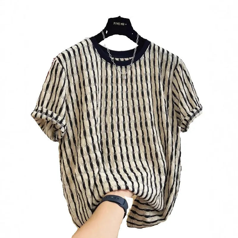 Black striped men's loose-fit short-sleeve casual shirt made from silk and linen blend fabric