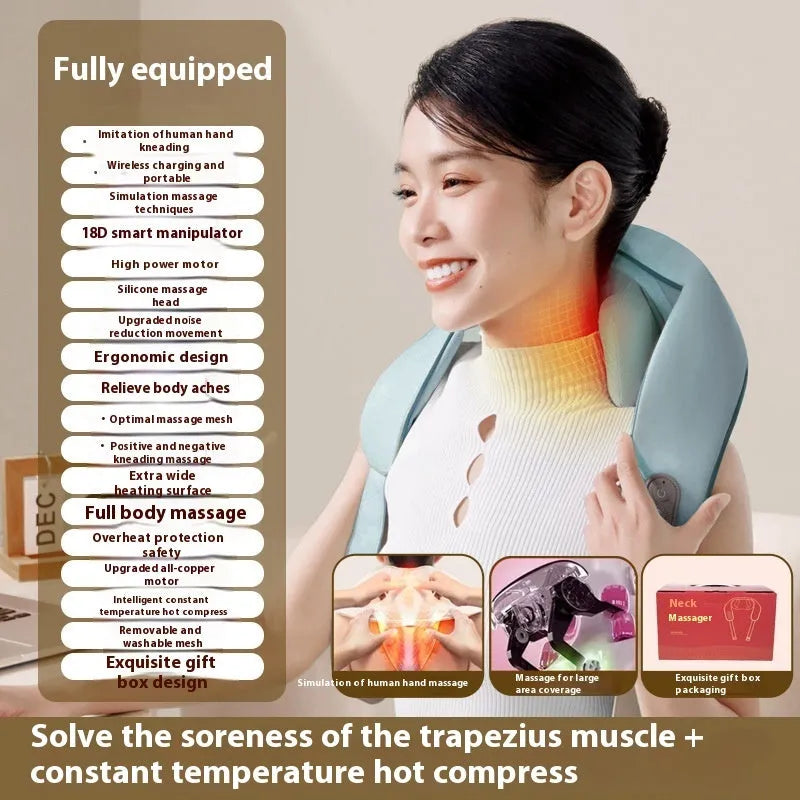 Blue foldable electric neck and back massager with rechargeable battery on a table.