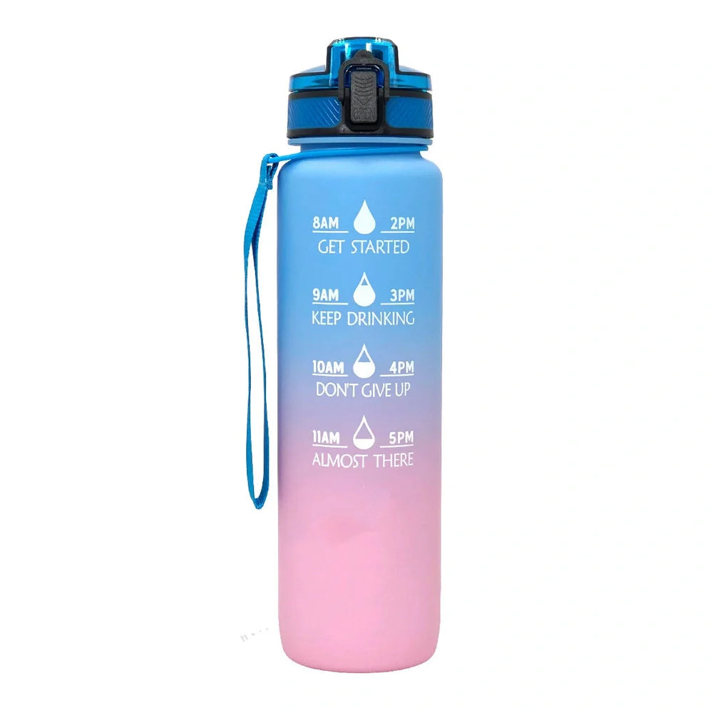 1000ml gradient plastic sports water bottle in blue-green, 29.5cm height, food grade with secure lid for hydration