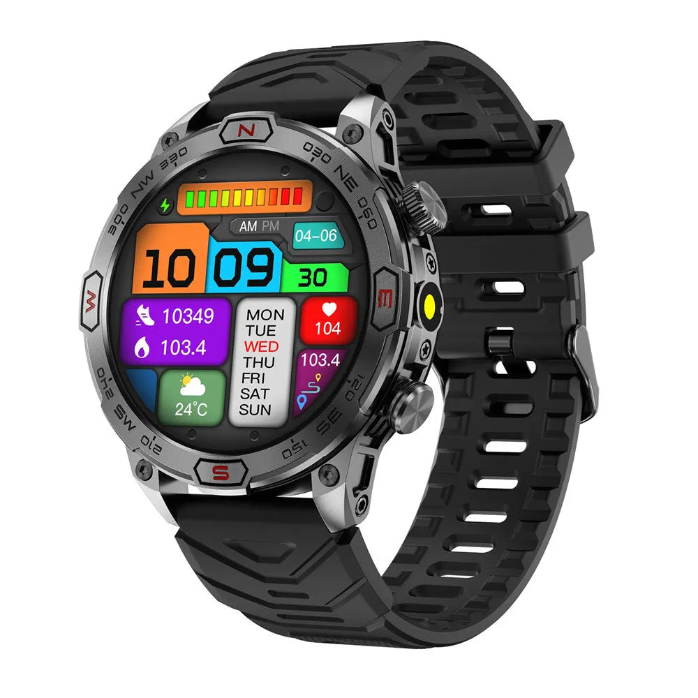 Sports smartwatch with AMOLED screen on silicone wristband showing heart rate display