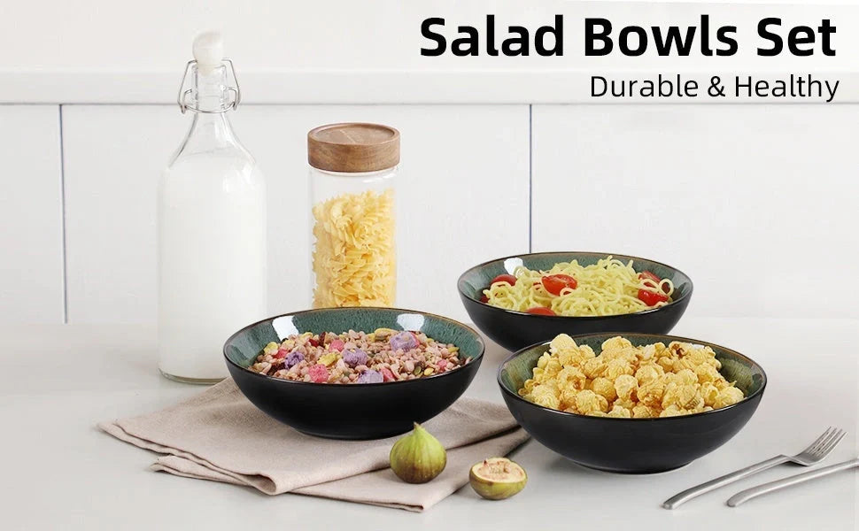 Unique peacock green ceramic bowl set, 30oz each, dishwasher, microwave, and oven safe