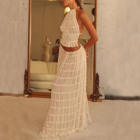 Chic backless halter top and flowing pleated maxi dress set in various vibrant colors
