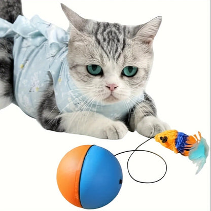 Interactive cat toy with ball and plush mouse design in blue and orange colours