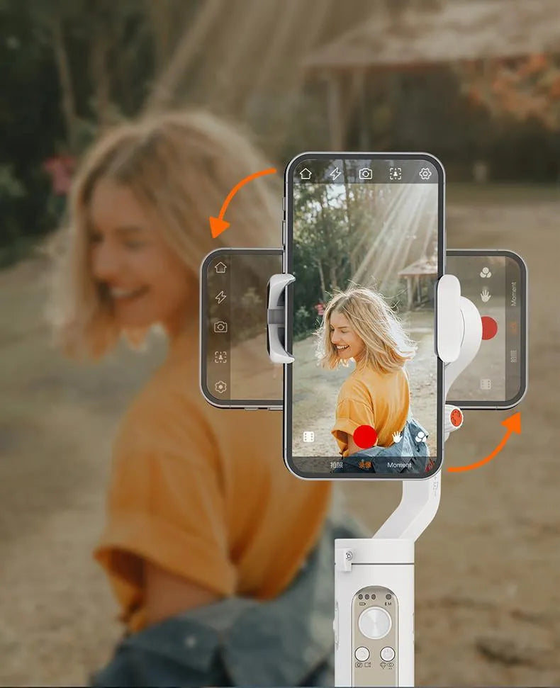 Three-axis mobile phone stabiliser with compact folded design showing black and white colour options