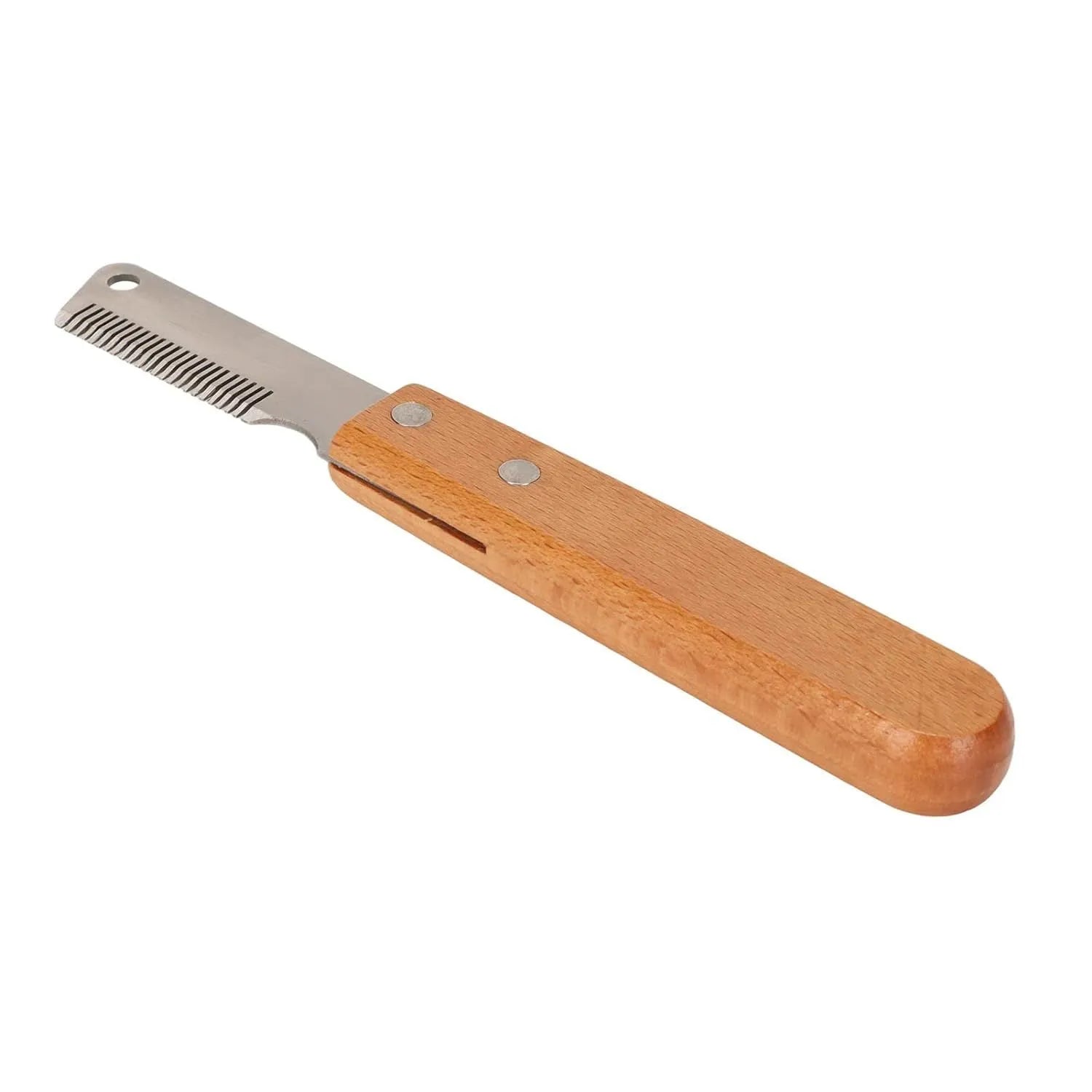 Dog stripping comb grooming tool with wood handle and metal blade for removing hair.