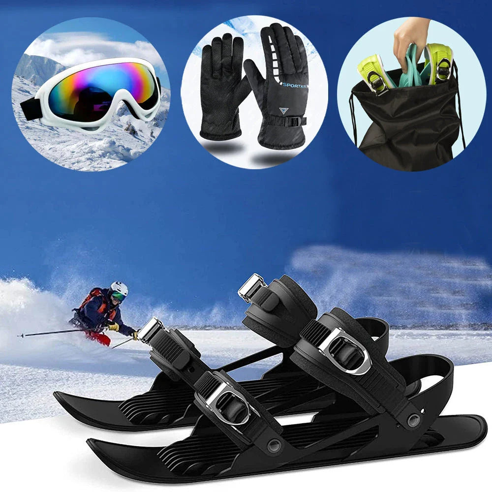 Adjustable snowshoeing mini skates with durable nylon soles, reinforced TPU laces, and customizable metal buckles for a secure fit across a wide range of shoe sizes