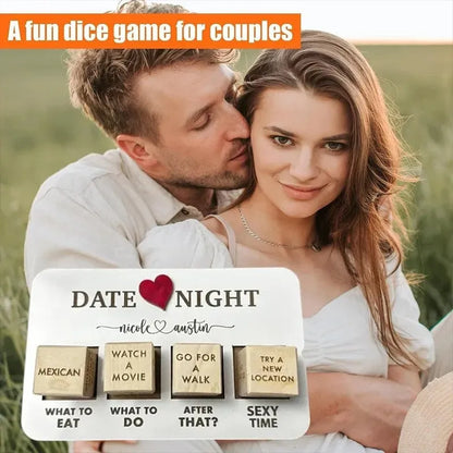 Wooden date night dice set with five 16x10cm dice, planner board, and black storage bag for couple activities