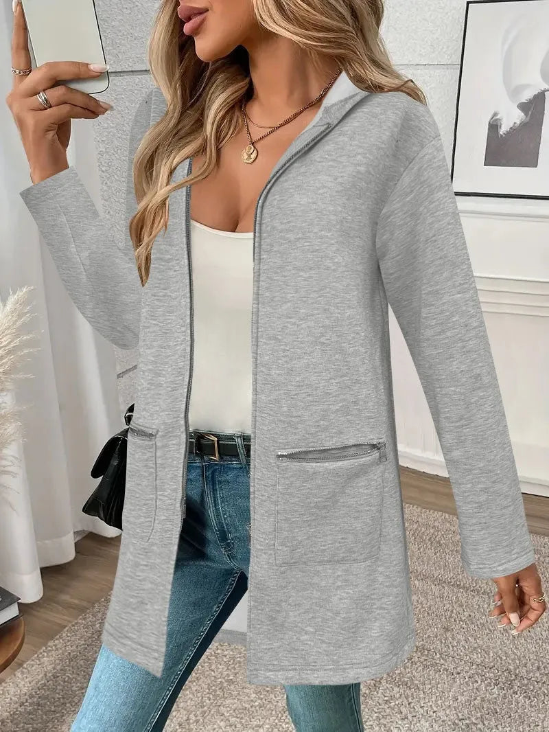 A grey women's loose-fit mid-length cardigan coat with pockets in a casual style.