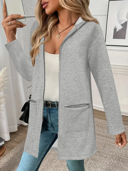 A grey women's loose-fit mid-length cardigan coat with pockets in a casual style.