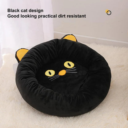 Black cat shaped velvet pet nest bed with raised edges for cats
