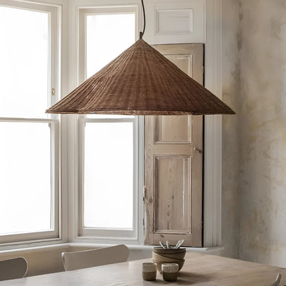 Rattan woven ceiling lamp with Silent Wind style in natural finish, shown from below