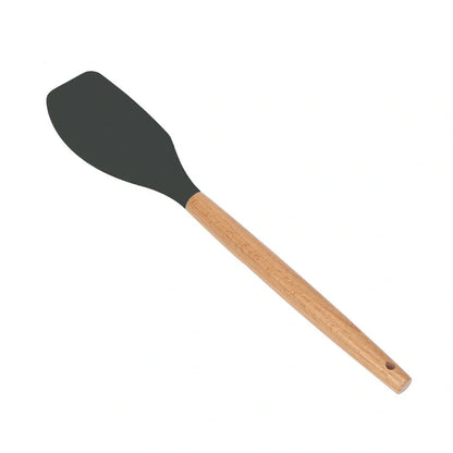 Dark grey silicone cooking utensils with wooden handles including spatula, spoon, whisk, and tongs