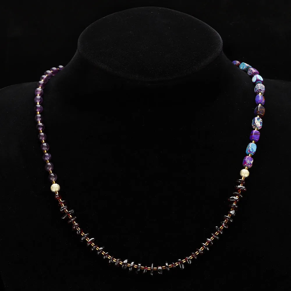 Purple amethyst and garnet stone bracelet with geometric design and adjustable sizing