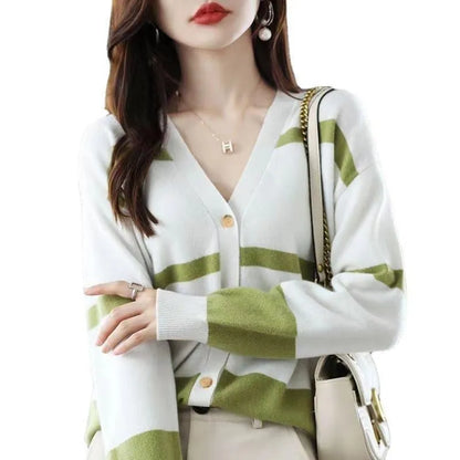 Women's black and white striped V-neck button cardigan with a 3D pattern and slim fit.