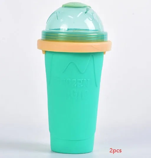 Smoothie cup in mint green or light pink with lid, straw spoon, and 201-300ml capacity for quick slush making