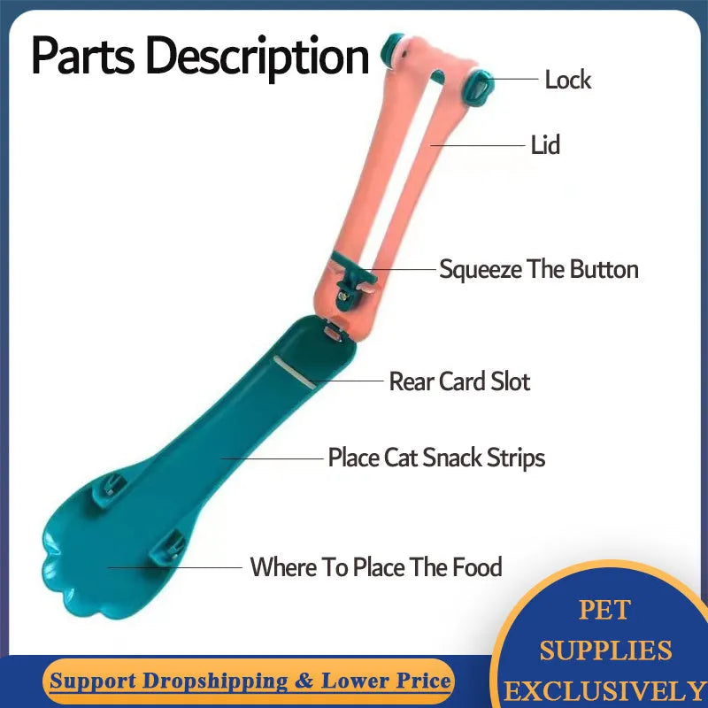 Green plastic pet food scoop with squeezer handle and dispensing nozzle for kibble and liquid.