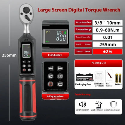 Electronic digital torque wrench with LCD screen showing torque reading, chrome-vanadium steel body