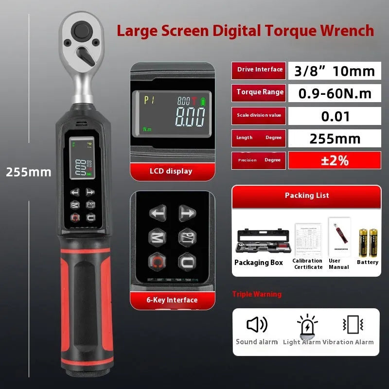 Electronic digital display torque wrench showing Nm readout on LCD screen, with chrome-vanadium steel shaft and handle.