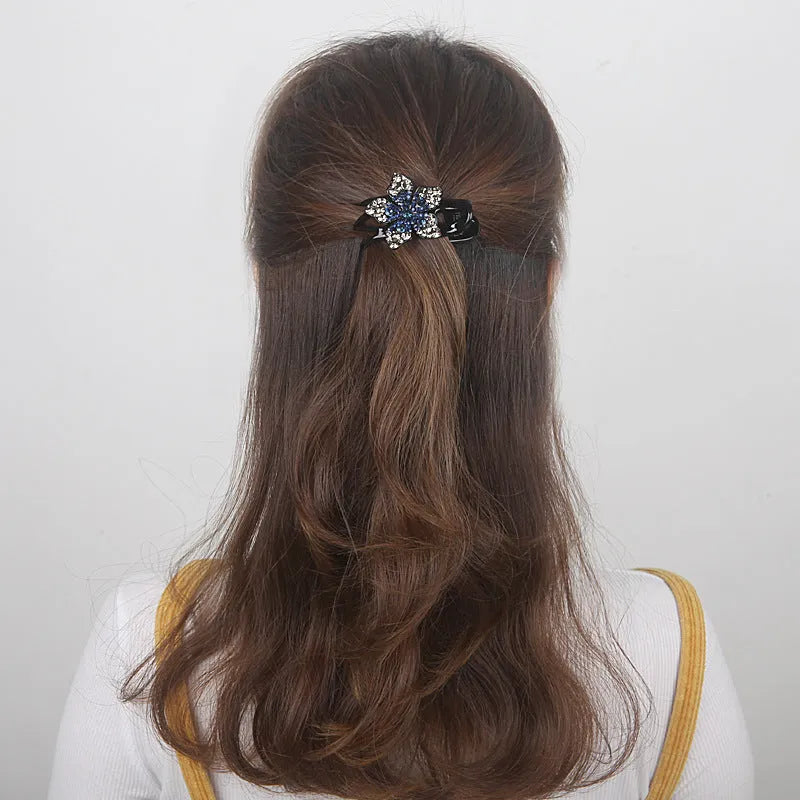 Rhinestone Flower Hair Barrette with Three-Jaw Clamp Back Head Clips in Blue Black Grey, Dark Purple, Violet, Champagne Coffee, Korean Style All-Match Hair Accessories