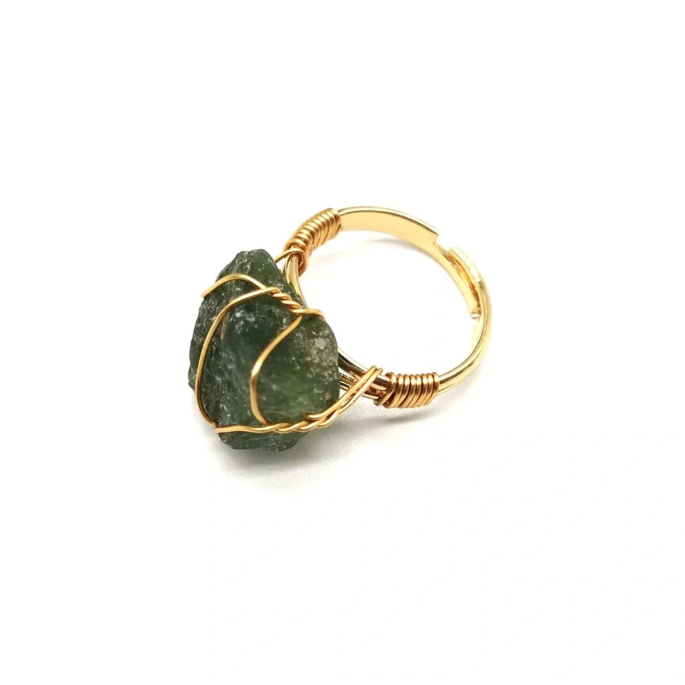 Adjustable hand-wrapped rough stone agate ring in various colours with ethnic design