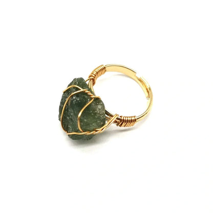 Adjustable hand-wrapped rough stone agate ring in various colours with ethnic design