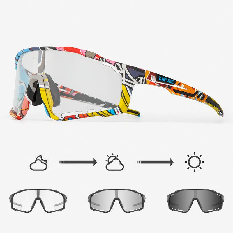 Photochromic cycling sunglasses with TR90 frame in semi-rimless unisex style on a solid colour background.
