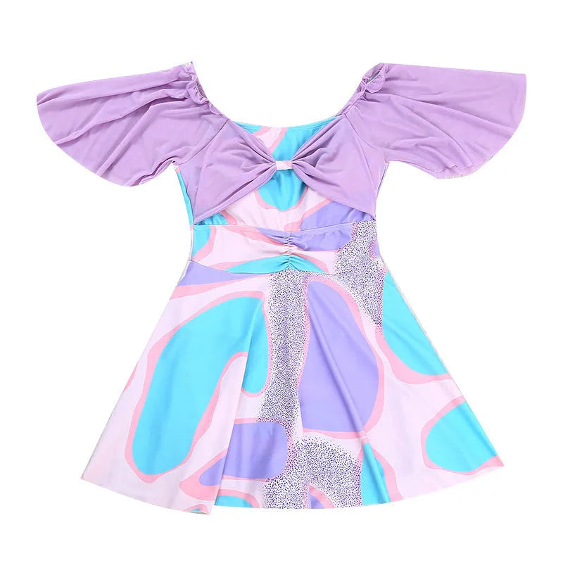 Women's floral high-waist one-piece swimsuit in light purple and light blue patterns for swimming
