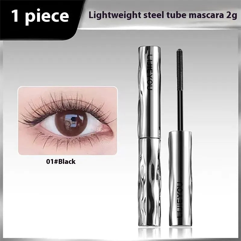 Waterproof steel tube mascara in black and brown shades with optional eyelash curler.