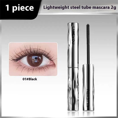 Waterproof steel tube mascara in black and brown shades with optional eyelash curler.