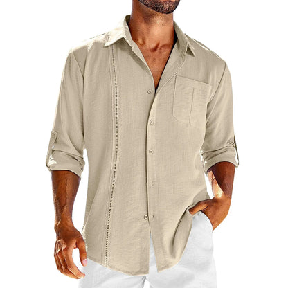 Men's solid colour long sleeve cotton blend shirt with polo collar and lace-trimmed chest pocket
