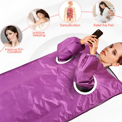 650W electric sauna blanket in grey, pink, or purple, with remote control, sleeves, and power cord.